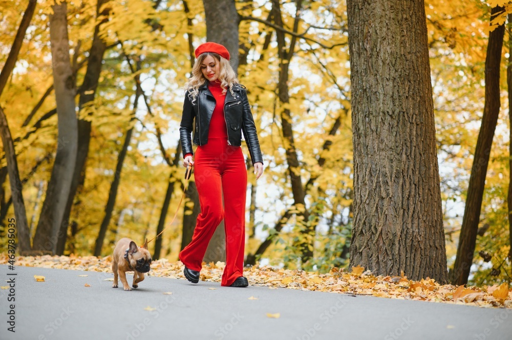 Fototapeta premium a stylish young girl with long light hair in sunny glasses goes for a walk with a little middle doggy a pug by the French bulldog in a park in spring in autumn