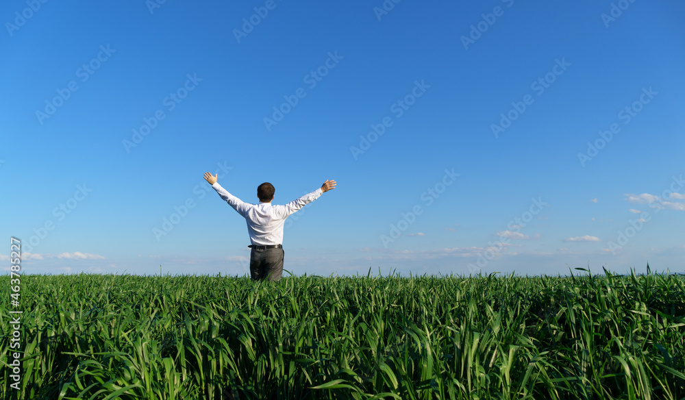 businessman poses in a field, he looks into the distance and rests, green grass and blue sky as background businessman poses in a field, he looks into the distance and rests, green grass and blue sky as background