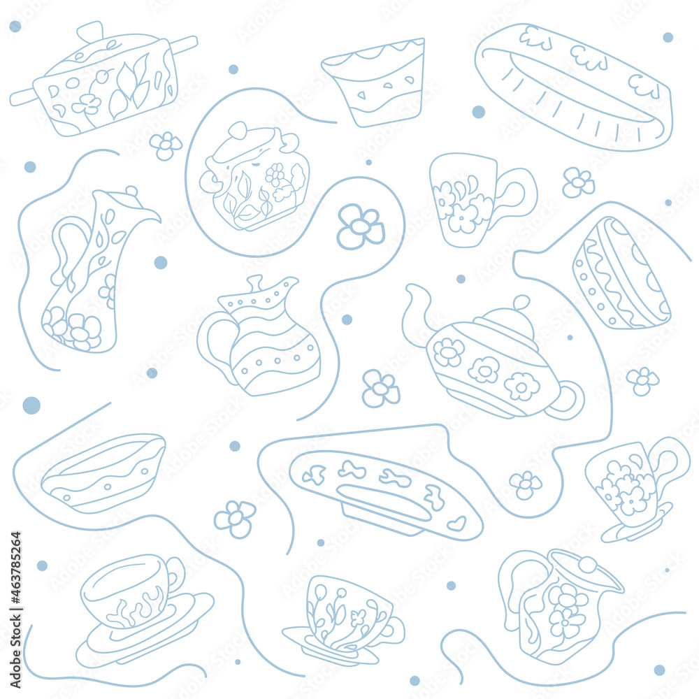 A simple, elegant and stylish pattern of modern hand-painted ceramic tableware on a white background. Vector A simple, elegant and stylish pattern of modern hand-painted ceramic tableware on a white background. Vector