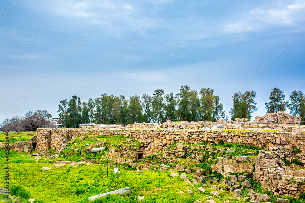 Cyprus The ruins of the ancient Greek city in Paphos is an archaeological site. Greece island. Tourist place, sightseeing of the island of Cyprus. Interesting historical tours. background copy space