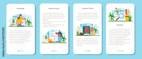 Proofreader mobile application banner set. Printing house technology process