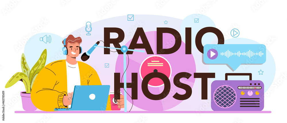 Radio host typographic header. Idea of news broadcasting in the studio