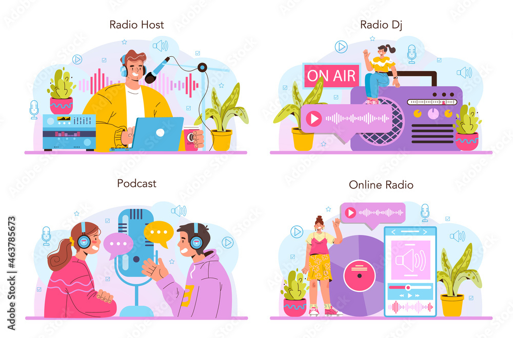 Radio host concept set. Idea of news broadcasting in the studio. Radio DJ Radio host concept set. Idea of news broadcasting in the studio. Radio DJ