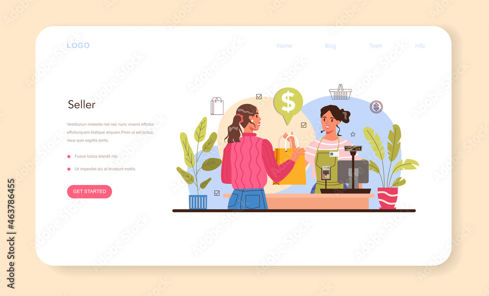 Seller web banner or landing page. Professional worker in the supermarket