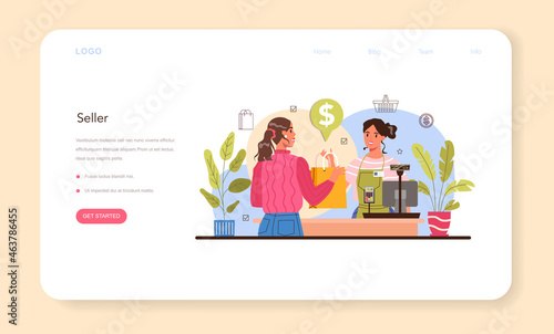 Seller web banner or landing page. Professional worker in the supermarket