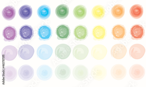 Hand drawn grunge circle.Set of watercolor circles and stain.Brush strokes.Pastel rainbow.Round shapes.Colorful watercolor hand painted.Vector illustration.Sign, symbol, icon or logo isolated.