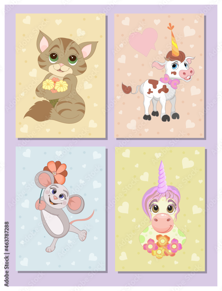 A set of postcards. A cat with flowers, a bear with heart, a happy bull, a mouse with flower.Unicorn with flowers.Valentine's Day. Cartoon drawing. Can be used to print books, magazines, stickers,g A set of postcards. A cat with flowers, a bear with heart, a happy bull, a mouse with flower.Unicorn with flowers.Valentine's Day. Cartoon drawing. Can be used to print books, magazines, stickers,g
