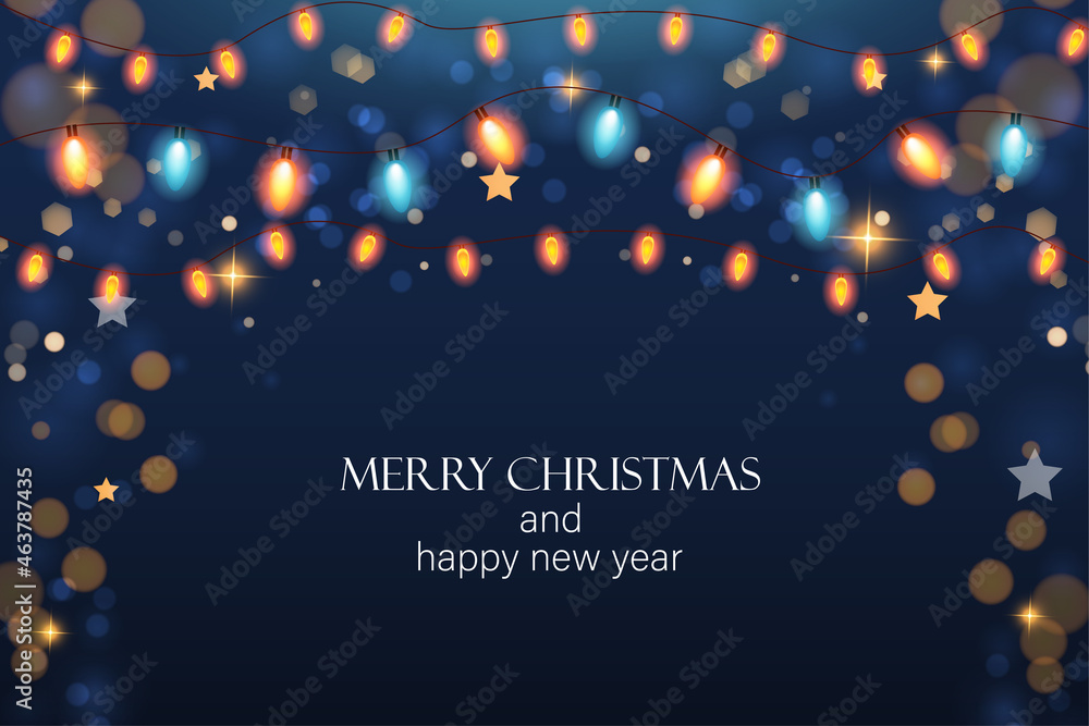 Obraz premium Merry Christmas background with lights and bokeh effect. Vector illustration.