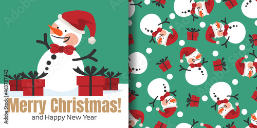 Christmas holiday banner and seamless pattern of snowman wearing a Santa hat with snowflakes and gift boxes on green background with Merry Christmas text. 