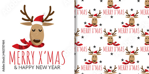 Christmas holiday season banner with Merry Christmas text and seamless pattern of cute reindeers wear Santa hat and red scarf on white background with stars. Vector illustration.