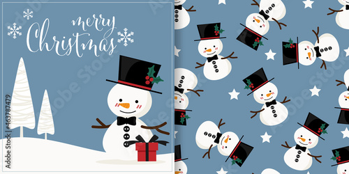 Christmas holiday season banner with Merry Christmas text and seamless pattern of a snowman wear black hat decorated with holly berry branch on blue background with snowflakes, pine trees and stars. 
