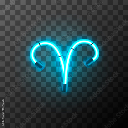 Aries bright blue neon zodiac sign, star sign for astrology horoscope on transparent