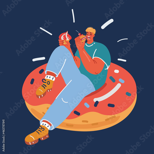 Vector illustration of hungry man eating cakes on big doughnuts. Sweets tooth ewith great appetite over dark backround. photo