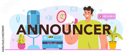 Announcer typographic header. Rhetoric or elocution specialist speaking