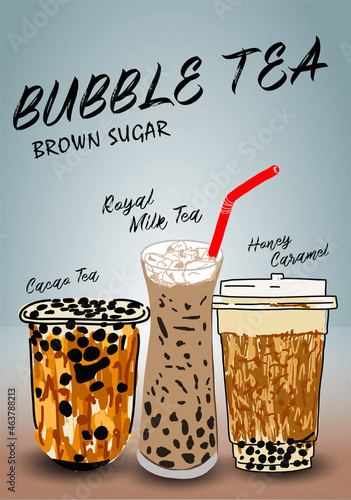 Bubble milk tea, Pearl milk tea , Different sorts of Boba. Yummy drinks. Ads with delicious tapioca.  Restaurant cafe menu, template design. Food flyer. Chalk board, retro menu restaurant poster. 