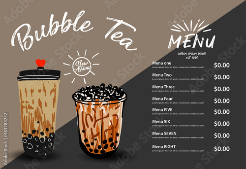 Bubble milk tea, Pearl milk tea , Different sorts of Boba. Yummy drinks. Ads with delicious tapioca.  Restaurant cafe menu, template design. Food flyer. Chalk board, retro menu restaurant poster. 