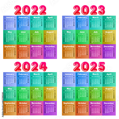 A calendar template for a year 2022 - 2025.