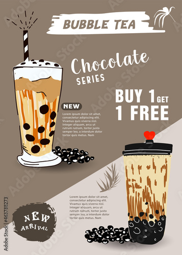 Bubble milk tea, Pearl milk tea , Different sorts of Boba. Yummy drinks. Ads with delicious tapioca.  Restaurant cafe menu, template design. Food flyer. Chalk board, retro menu restaurant poster. 