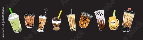 Bubble milk tea, Pearl milk tea , Different sorts of Boba. Yummy drinks. Ads with delicious tapioca.  Restaurant cafe menu, template design. Food flyer. Chalk board, retro menu restaurant poster. 