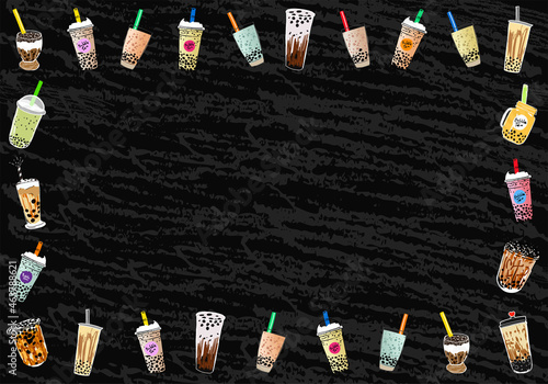 Bubble milk tea, Pearl milk tea , Different sorts of Boba. Yummy drinks. Ads with delicious tapioca.  Restaurant cafe menu, template design. Food flyer. Chalk board, retro menu restaurant poster. 