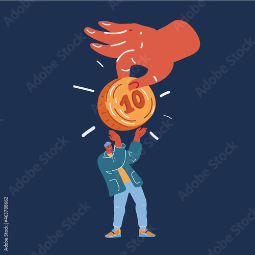 Vector illustration of big hand give ten cent coin to tiny man. Man is happy