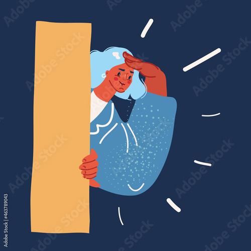 Vector illustration of woman peeks out from behind the wall over dark backround.