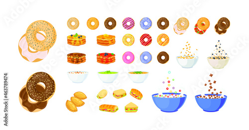 Vector Set of Cartoon Food, Breakfast Illustrations, Icons Set Isolated on White Background, Colorful Design Elements, Menu Icons, Sandwiches, Soup, Cereals, Bagels.