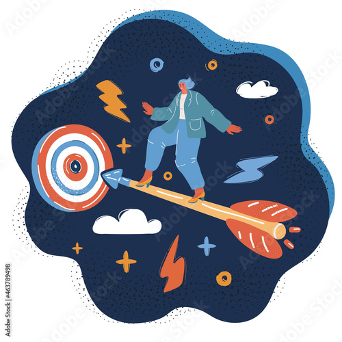 Vector illustration of business woman ride on shooting arrow fly to target over dark background.