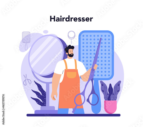 Hairstylist concept. Idea of hairdressing in salon. Scissors and brush