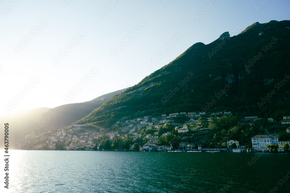 Italian picturesque traditional village in Lake Como from the boat