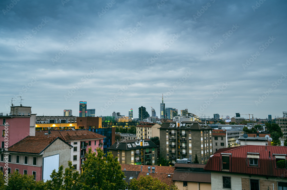 Milan skyline, Italy. Panoramic view of Milano city with Porta Nuovo business district. Milan Skyline with modern skyscapers Milan skyline, Italy. Panoramic view of Milano city with Porta Nuovo business district. Milan Skyline with modern skyscapers