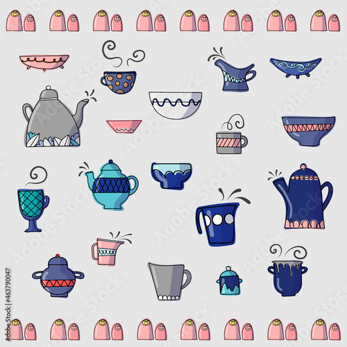 Vector tea collection of vintage tableware. Cozy set with tea and coffee cups, plates, dishes, kettle and teapot. Kitchen elements. Isolated. Hand drawn food and drink. Tea party template.