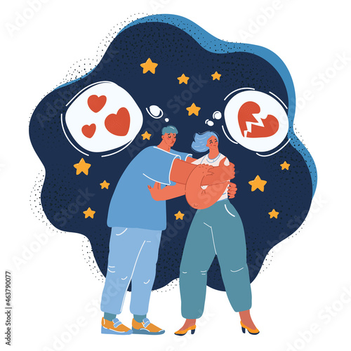 Vector illustration of divorce, crack in relationships, family split conceptover dark background.