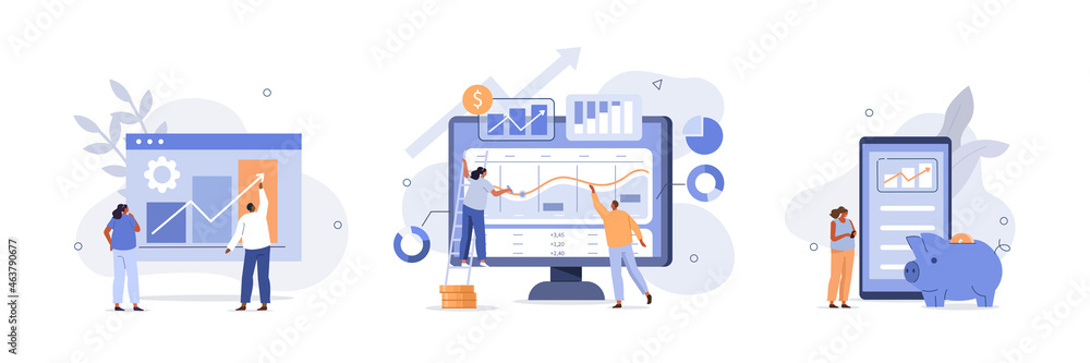 Characters investing money in stock market. People analyzing financial graphs, charts and diagrams and other data. Stock trading concept. Flat cartoon vector illustration and icons set. - obrazy, fototapety, plakaty 