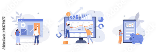 Characters investing money in stock market. People analyzing financial graphs, charts and diagrams and other data. Stock trading concept. Flat cartoon vector illustration and icons set.