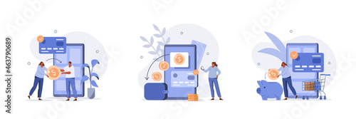 
Characters paying online and receiving bonus money or reward back on credit card. Cashback, financial savings and money refund concept. Flat cartoon vector illustration and icons set.