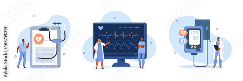 Heart disease screening and diagnostic concept. Doctor checks blood pressure and examine cardiogram and pulse on EKG monitor. Flat cartoon vector illustration and icons set.