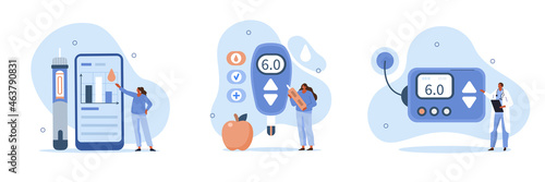 Doctor and patient check blood sugar level with glucometer and diabetic insulin pump. Character with diabetes receiving treatment against disease. Flat cartoon vector illustration and icons set. 