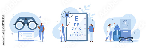 
Doctor ophthalmologist showing eye test chart to patient, examining his vision and choosing eyeglasses with correction lens. Ophthalmology concept. Flat cartoon vector illustration and icons set.
