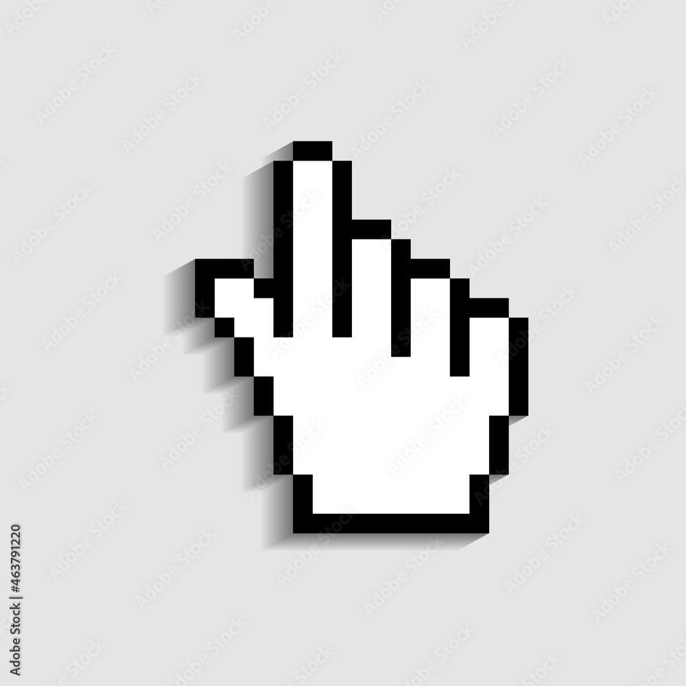 Hand cursor icon. Finger - pointer of mouse. Pixel icon in form hand cursor for click in web, computer and internet. Graphic symbol for digital link, www, website. Isolated sign for screen. Vector. Hand cursor icon. Finger - pointer of mouse. Pixel icon in form hand cursor for click in web, computer and internet. Graphic symbol for digital link, www, website. Isolated sign for screen. Vector.