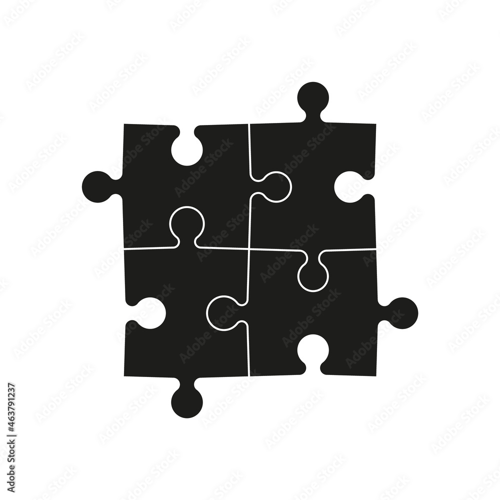 Puzzle icon. Jigsaw with four piece. Logo for logic and business solution. 4 part of puzzle for game. Black shape isolated on white background. Symbol of teamwork, combination and strategy. Vector Puzzle icon. Jigsaw with four piece. Logo for logic and business solution. 4 part of puzzle for game. Black shape isolated on white background. Symbol of teamwork, combination and strategy. Vector