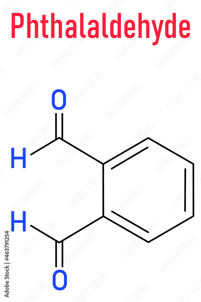 Phthalaldehyde (ortho-phthalaldehyde, OPA) disinfectant molecule. Skeletal formula. Phthalaldehyde (ortho-phthalaldehyde, OPA) disinfectant molecule. Skeletal formula.