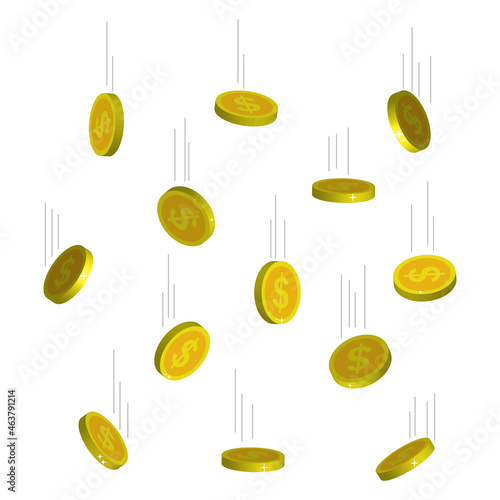 Falling of gold coin money. Golden rain. 3d gold coin of dollar. Cartoon illustration for casino, business, lottery and jackpot. Yellow flying finance treasure on white background. Flat icon. Vector