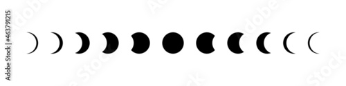 Moon phase. Icon of lunar cycle. stage of moon. Phase of eclipse of sun. Shape of full, half, crescent, quarter of star. Astronomy calendar. Black logo on white background. Symbol of planet. Vector.
