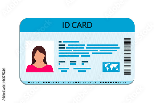 Id card. License for identity and driver. Document of identification, national, name, age and state. Id passport with chip, barcode for electronic scanner. Female photo with person data. Vector