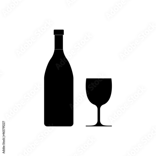 Wine bottle with glass cup. Icon of alcohol. Black silhouette of wineglass and bottle of champagne, bordeaux, cabernet, chardonnay, liquor, vodka and sauvignon. Isolated symbol of restaurant. Vector