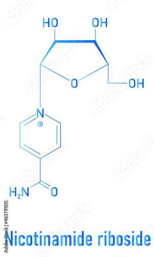 Nicotinamide riboside (NR) molecule. Precursor of nicotinamide adenine dinucleotide (NAD). Skeletal formula.