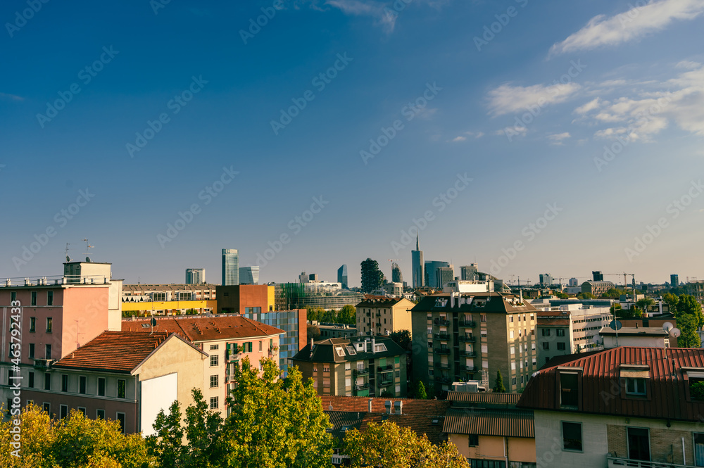Milan skyline, Italy. Panoramic view of Milano city with Porta Nuovo business district. Milan Skyline with modern skyscapers