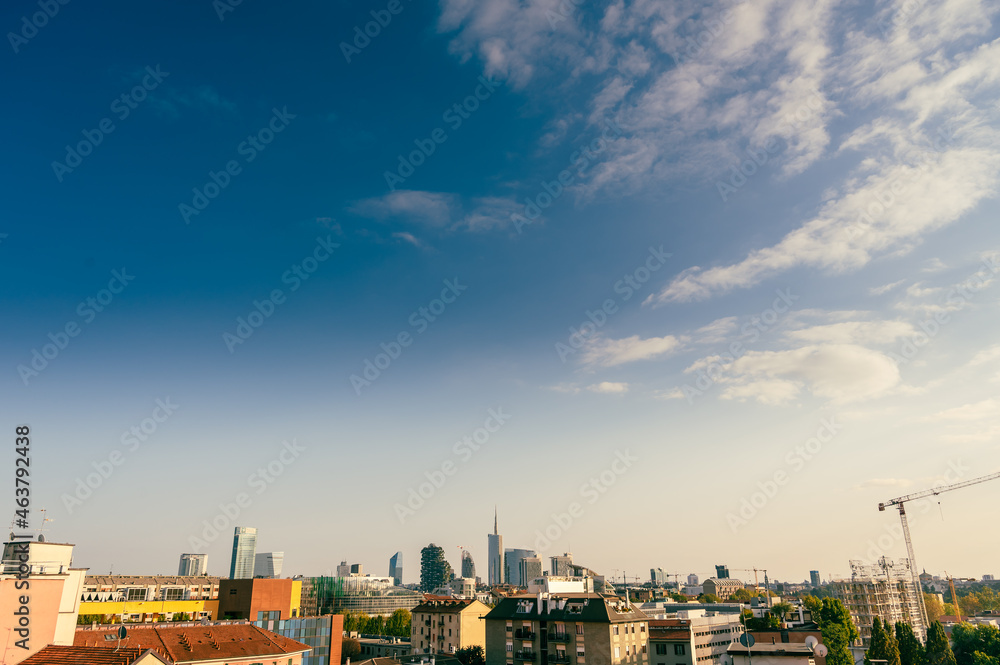 Milan skyline, Italy. Panoramic view of Milano city with Porta Nuovo business district. Milan Skyline with modern skyscapers