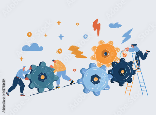 Vector illustration of business team brainstorming meeting concept for new ideas solutions. People set up a gear mechanism to create a business pro ess